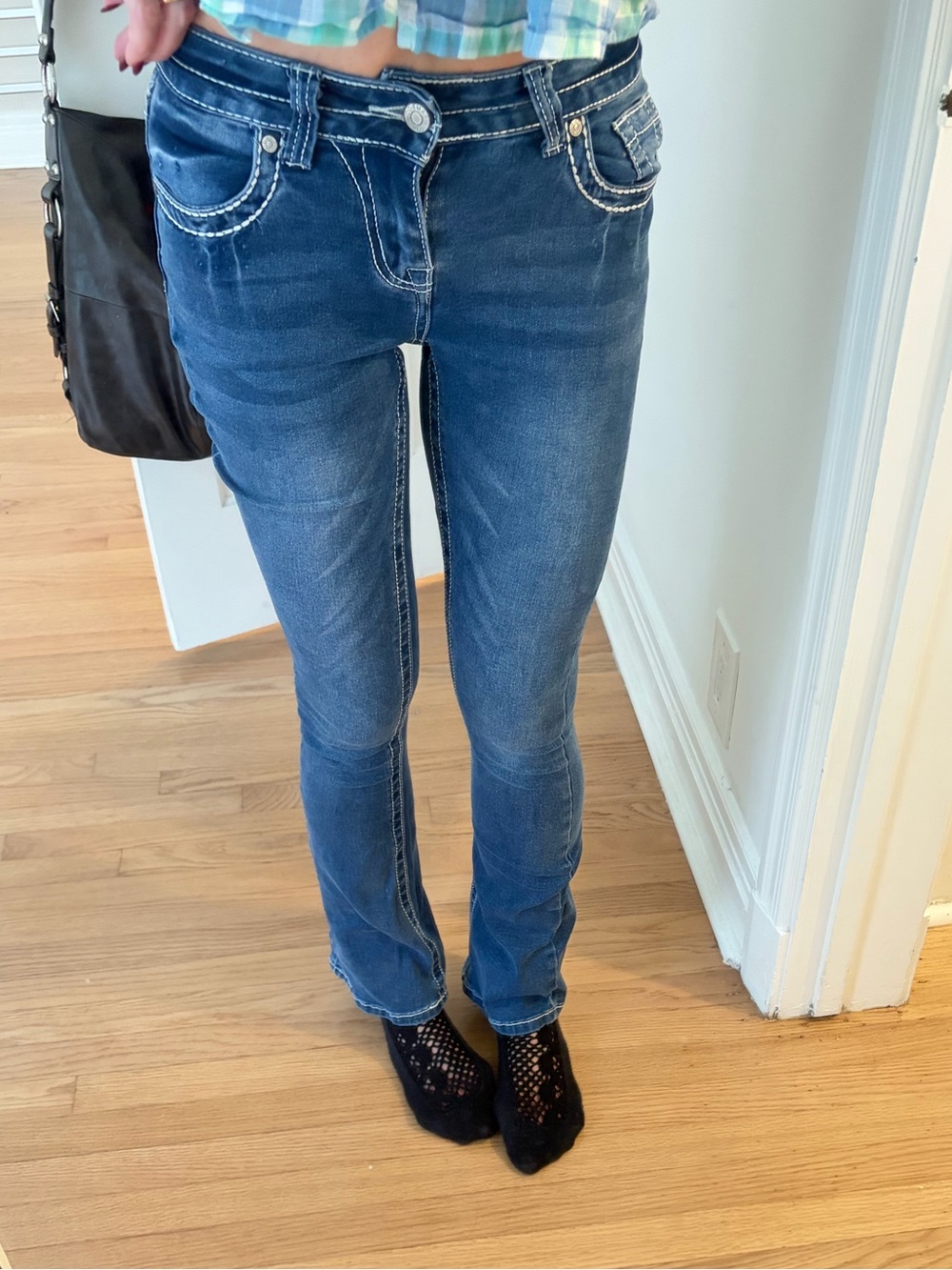 BAMBOO Women's Dark Blue Jeans with Contrast Stitching and slight flare
